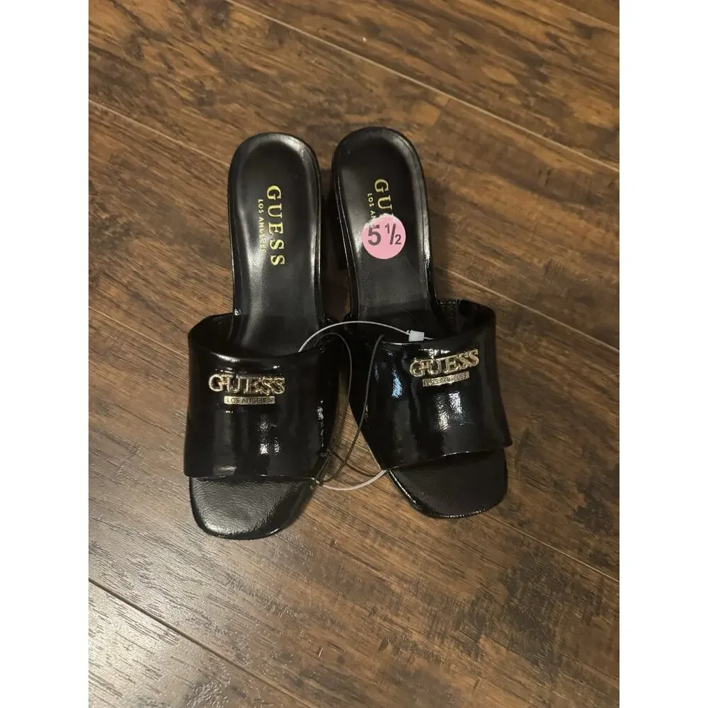 Guess Logo Black Shiny Mules Slip On Block Heels Open Toe Square Sz:5.5